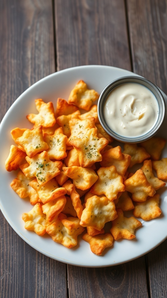 A plate of crispy cottage cheese chips seasoned with herbs, served with a dip on a rustic wooden table.